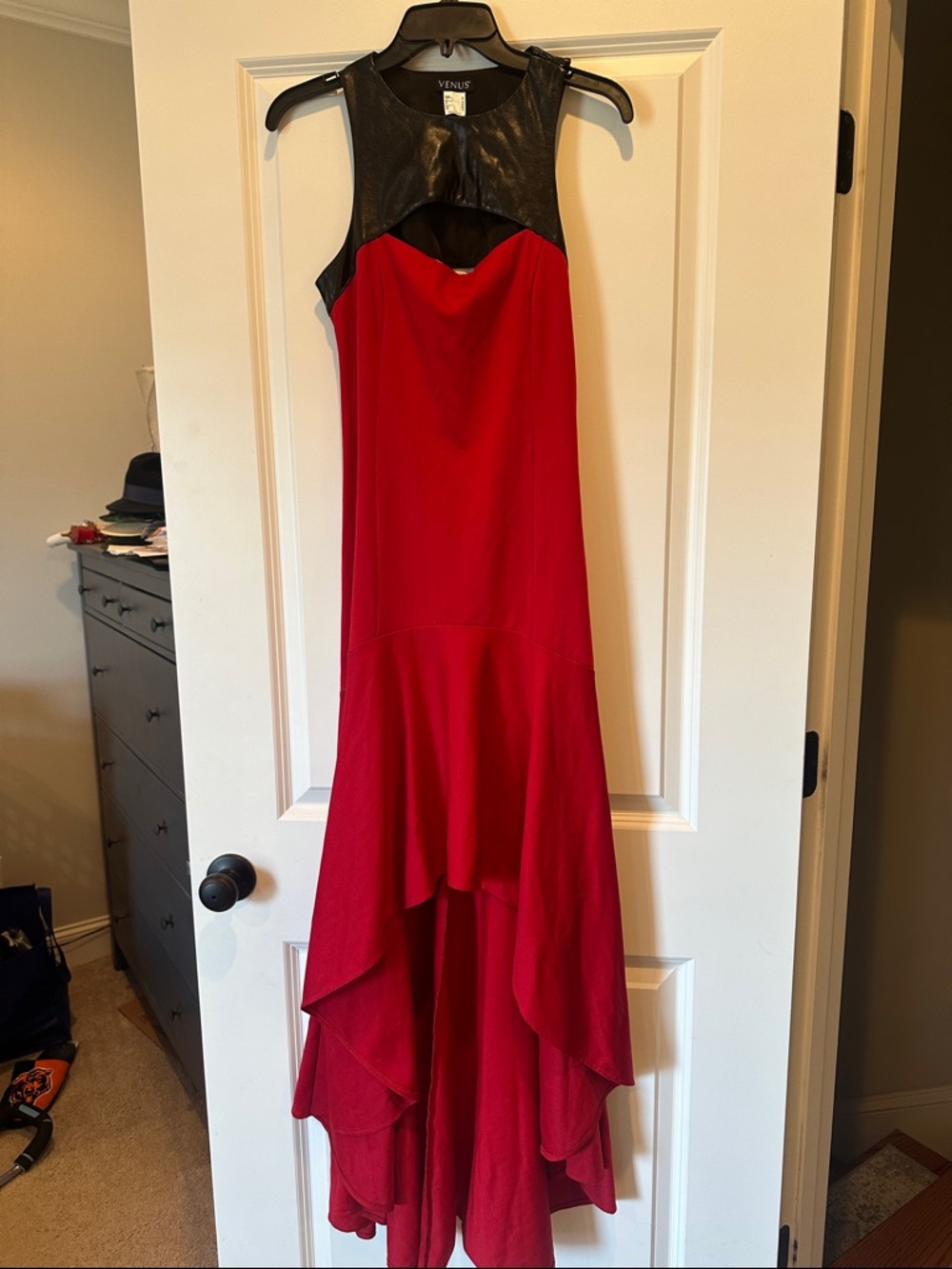 VENUS Red High-Low Gown with Black Faux Leather Yoke size 6